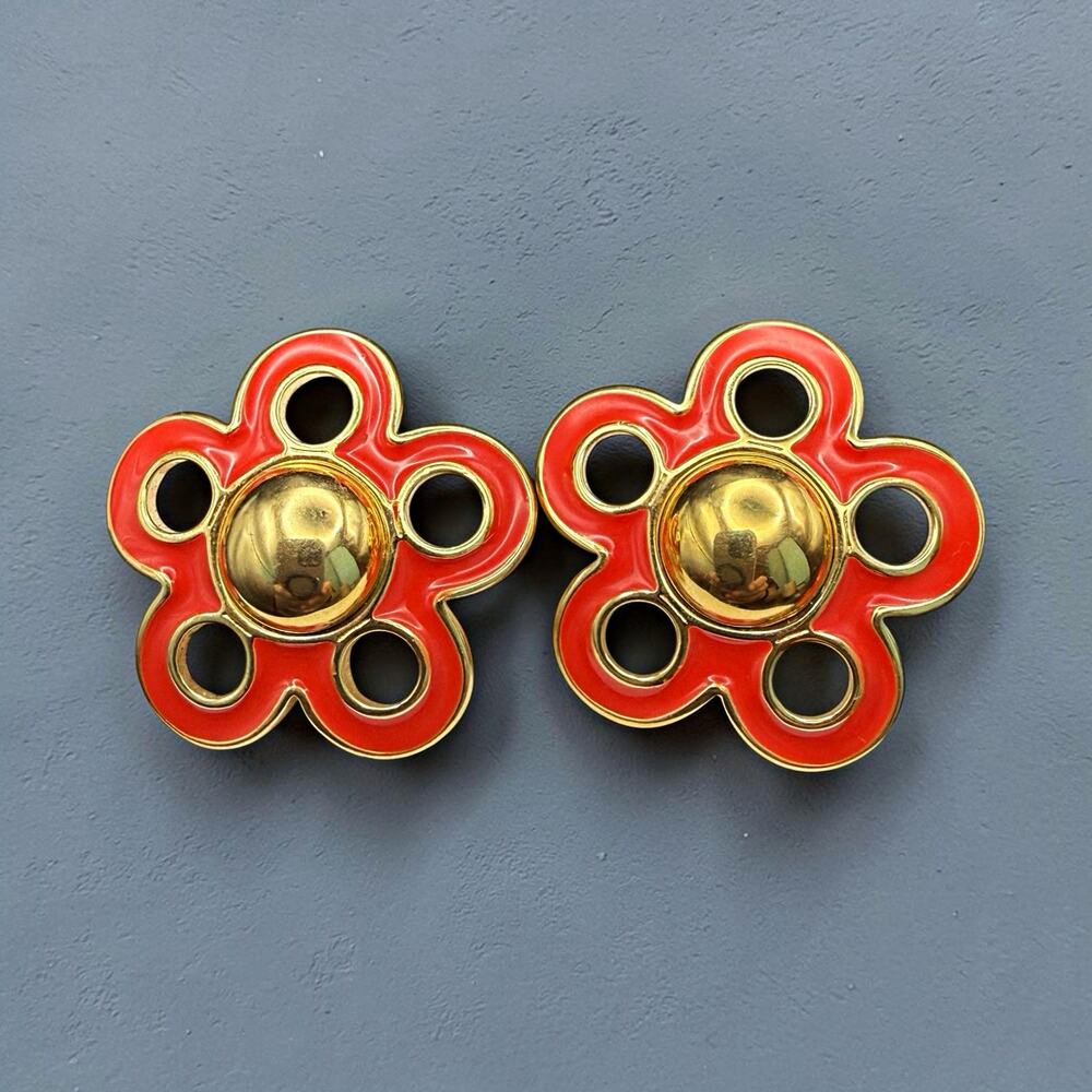 Vintage Monet Poppy Red Enamel Flower Earrings Gold Tone Cutout Post Pierced